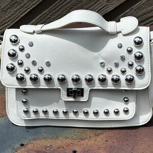 Steve Madden White Vegan Leather Top Handle or Crossbody Purse with Silver Studs